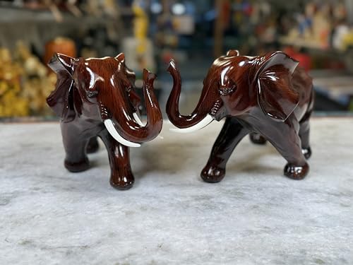 Image of Handcrafted Elephant Showpiece, Set of 2, Dark Mahogany Brown Finish, Traditional Home Decor