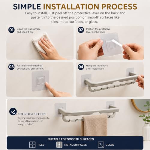 Image of Self Adhesive Towel Bar for Bathroom | No Drill, Wall Mounted, Heavy Duty Waterproof, Rustproof Space Saving