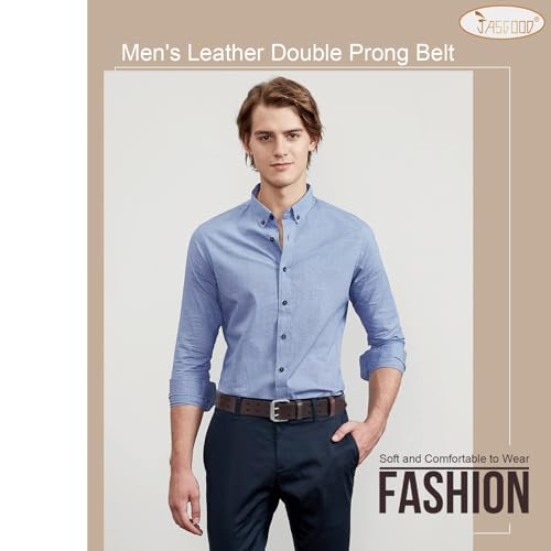 Image of JASGOOD Men Double Prong PU Leather Belt Casual Work Heavy Duty Belt Double Grommet Holes Belt for Jeans