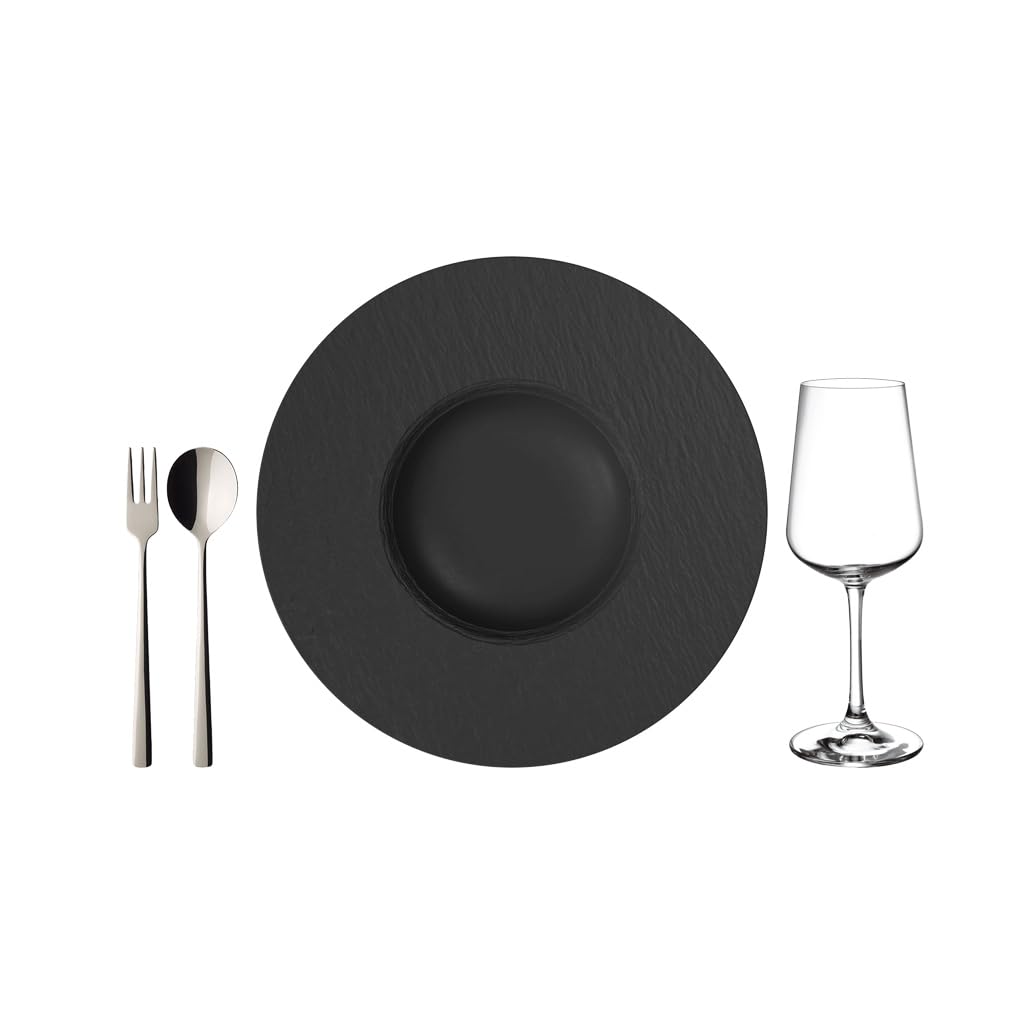 Villeroy & Boch – Manufacture Geschirr-Set 12 teilig für 4 Personen Schwarz, Spülmaschinenfest, Tafelservice Set, Geschirrset Modern mit Pastatellern, Weingläsern und Pastabesteck, Premium Porzellan