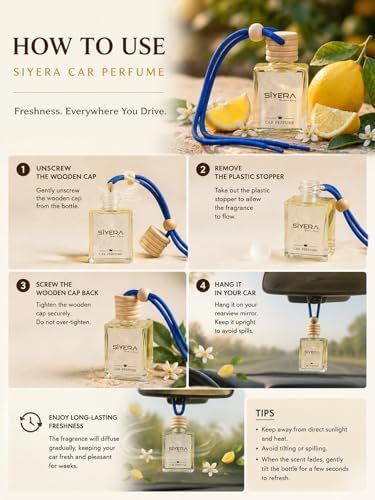 Image of SiYERA Hanging Car Perfume with Essential Oils | Car Air Freshener 10ml | Long-Lasting Aroma in Glass Bottle with Wooden Diffuser Lid (Lemon)