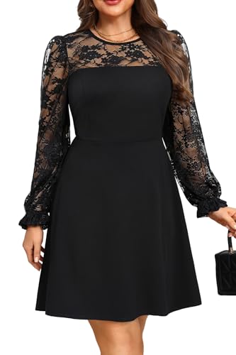 Plus Size Cocktail Dress - Lace Wedding Guest Party Crew Neck Short A Line Dresses Women