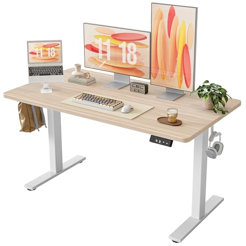 Image of TIQLAB 55 * 28 Inches Standing Desk, Adjustable Height Stand up Desk,Sit Stand Home Office Table with Splice Board, Light Walnut