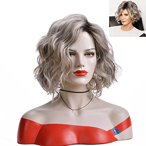 GNIMEGIL Short Ombre Brown Grey Wig for White Women Wavy Bob Synthetic Cosplay Party Wigs
