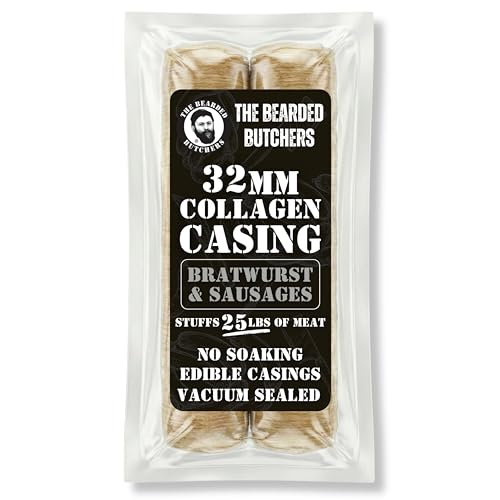 Bearded Butchers 32mm Fresh Edible Collagen Casings (2-Pack) – Holds 25lbs of Meat – For Bratwurst, Italian Sausage & Chorizo – Vacuum Sealed, Ready to Use, No Soaking Required – DIY Sausage Skins