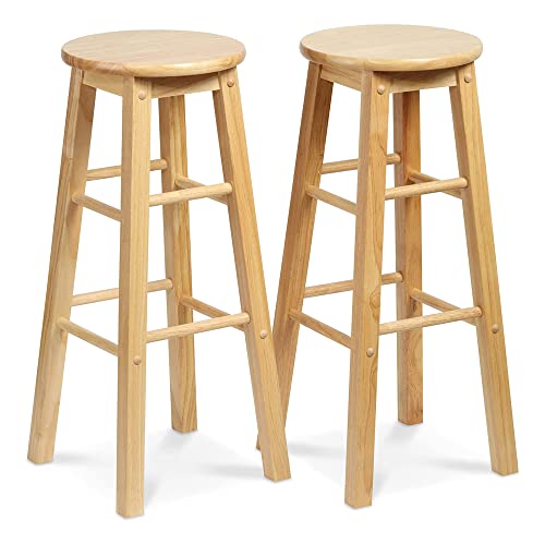 PJ Wood - Butacos de Madera Redondos de 29 pulgadas - Set de 2 piezas en color Natural | Asientos para mostrador, diámetro del asiento de 13 pulgadas, capacidad de 225 lb, diseño sin respaldo, base en forma de A, 8 reposapiés, requiere ensamblaje miniatura 1