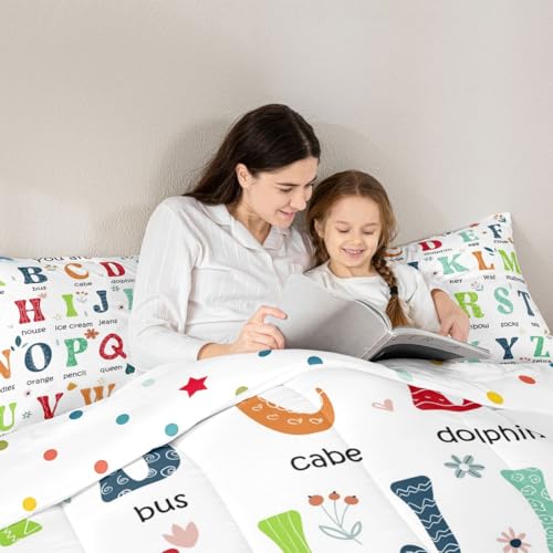 Image of Feelyou ABC Alphabet Bedding Set Queen Size, Learning Educational Comforter Cute Cartoon Funny Positive Words Comforter Set for Kids Toddler Educational Duvet Set Durable Bed Set 3Pcs