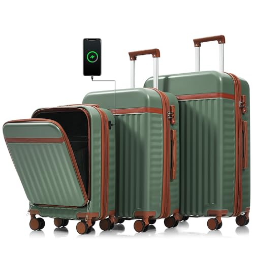 Image of Hardshell Luggage, Lightweight Suitcase with Spinner Wheels, GREEN+USB