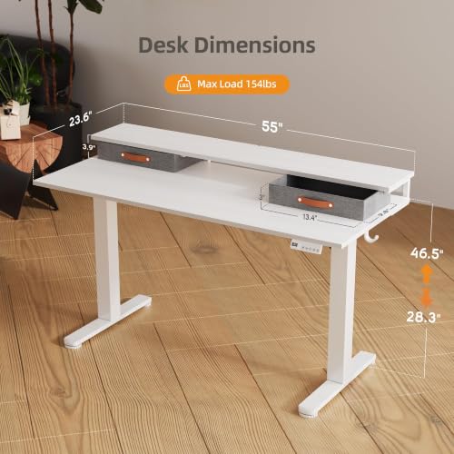 Image of Claiks Standing Desk with 2 Ways Drawers and Hooks (White, 55 Inch)