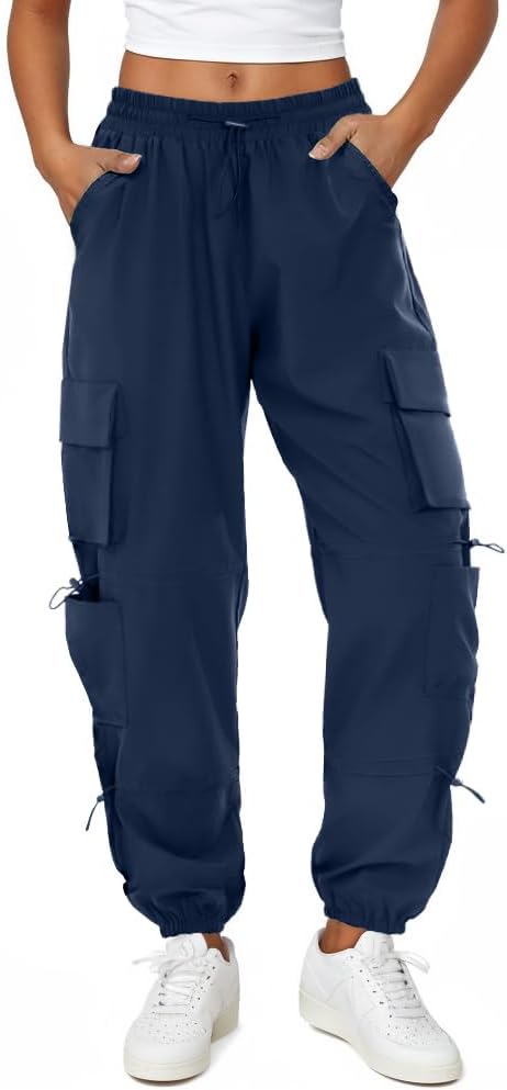 Womens Parachute Cargo Pants with Pockets Quick Dry Hiking Pants Lightweight Water-Resistant Baggy Joggers