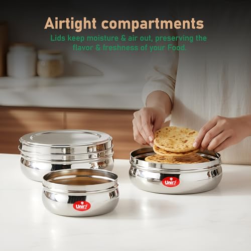 Image of Unify Stainless Steel Belly Dabba Set of 3 | 880ml, 600ml, 400ml Multipurpose Kitchen Storage Containers | Food-Grade, Rust-Proof Steel Canisters with Tight-Fit Lids for Snacks & Daily Use