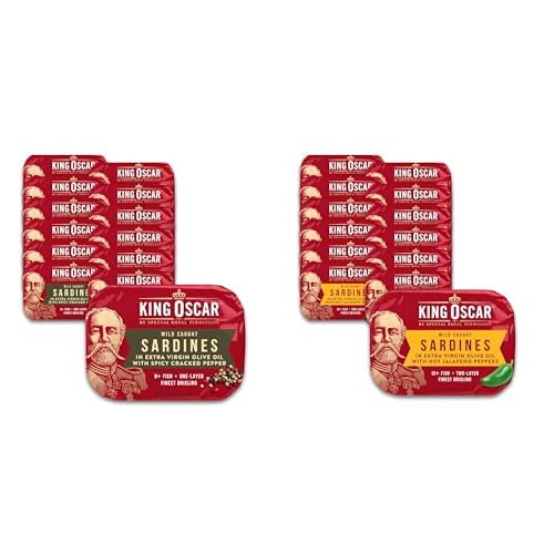 King Oscar Wild Caught Sardines Bundle - Spicy Cracked Pepper and Hot Jalapeno Peppers in Extra Virgin Olive Oil, 3.75 Ounce (Pack of 12 Each)