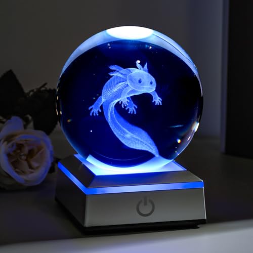 Image of 3D Axolotl Crystal Night Light with Multicolor LED Base Glass Laser Engraved Axolotl Figurines Gifts for Boys Girls Lovers Birthday Christmas Room Decor (Axolotl-1)
