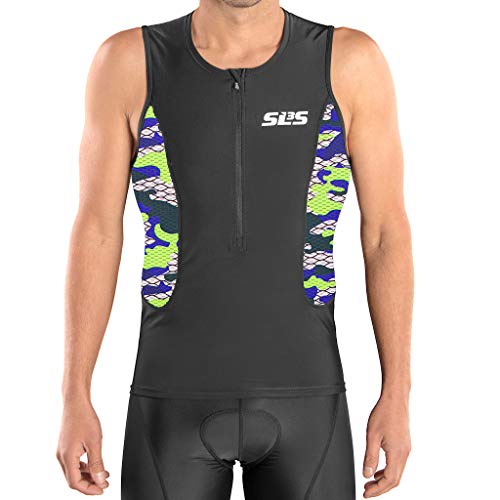 SLS3 Triathlon Men`s Tri Top FRT | Tight Fit | 2 Pockets | Zipper | Jersey | Singlet | German Designed (Black/Blue Camo, M)