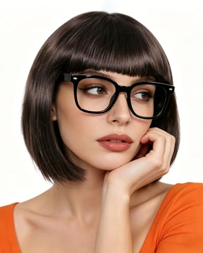 Image of ANOGOL Brown Bob Wig with Bangs Short Anime Wigs Dark Brown Wig for Women | Hair Cap+ (Glasses) Short Bob Wigs Straight Party Outfit Fun Hair Women for Halloween Costume Bachelorette Cosplay Daily