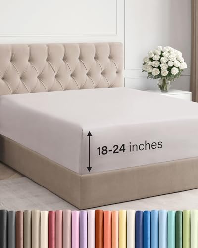 Extra Deep Queen Fitted Sheet - Hotel Luxury Single Fitted Sheet Only - Easily Fits 18 inch to 24 inch Mattress - Ultra Soft, Wrinkle & Fade Free w/Extra Deep Pocket - Breathable & Comfy - Light Grey