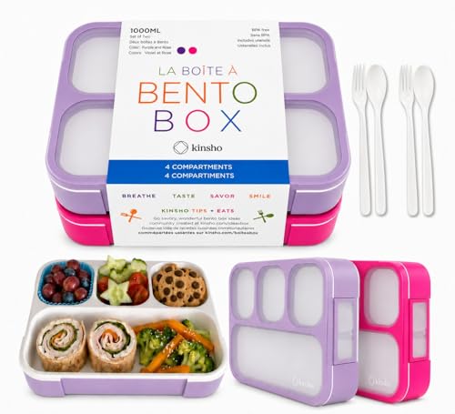 Image of kinsho Bento Box Lunch Boxes for Kids Adults with Utensils, Pink & Purple