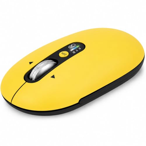 Image of Wireless Bluetooth Mouse,USB+BTx2,Slim Pebble Multi Device Small Travel Mice,Metal 4 Way Super Scrolling,± 3000 DPI,Quiet,Portable,Long Battery for Laptop,Computer,Tablet,Mac,iPad,PC,Phone (Yellow)