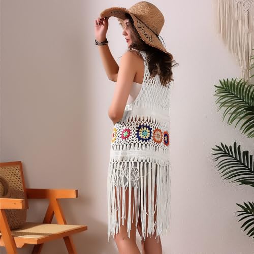 Image of Women's Floral Crochet Hollow Out Sleeveless Fringe Boho Retro-Look Handmade Cardigan Vest Tassels