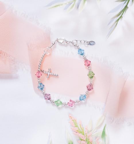 Precious Pieces Children's Sterling Silver First Communion Rosary Bracelet with High-end Crystals and Cross for Girls (6-6.5")2