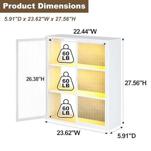Image of Laundry Room Cabinets Wall Mounted, Metal Bathroom Wall Cabinet with Glass Doors & LED Lights, White Medicine Cabinet for Bathroom, Kitchen, Living Room and Entryway