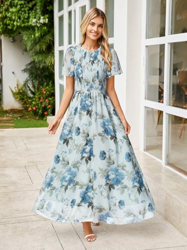 Image of Simplee Womens Casual Floral Summer Maxi Dress 2026 Boho Flowy Short Sleeve Crew Neck Vacation Smocked Chiffon Dresses