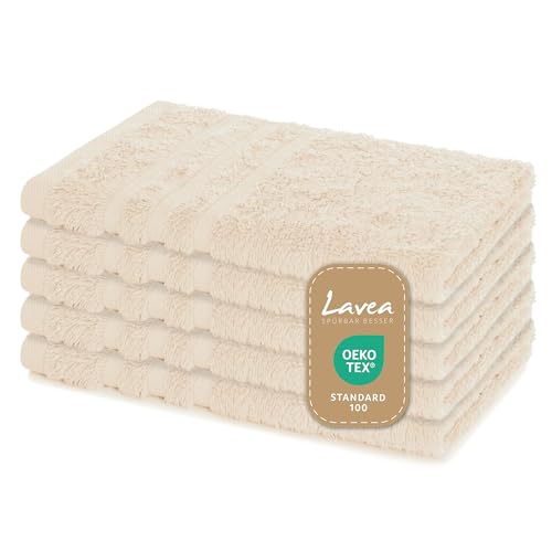 Lavea® 5er Set Gästehandtücher 30x50 cm – Weiche und Saugstarke Gästetücher aus 100% Baumwolle, Frottierserie Elena – Waschbar und Strapazierfähig - Creme