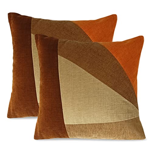 Image of Encasa XO Chenille Cushion Covers (Pack of 1) with Patchwork 50x50 cm - Mix & Match Pillow Covers in Bright Colours for Living Room, Sofa, Bedroom - Orange + Browns
