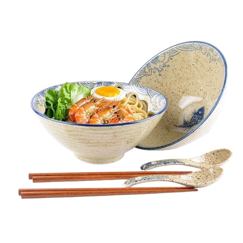 CZCMYAU Ceramic Ramen Bowl Set of 2 with Chopsticks and Spoons 1200ml Large Japanese Ramen Bowl Microwave & Dishwasher Safe for Noodle Pasta Salad Udon Pho and Soup