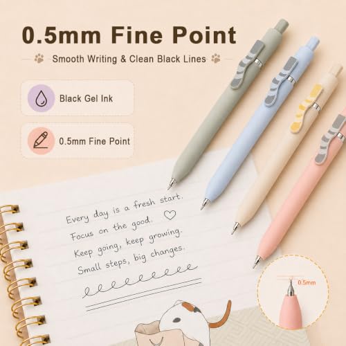 VICO Cat Pens, 4 Pcs Cute Kawaii Gel Pens, 0.5mm Black Ink Fine Point Retractable Pens, Quick Dry Smooth Writing, Back to School Supplies & Cat Lover Gifts