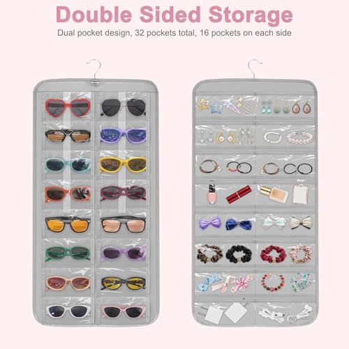 EEEKit Hängender Sonnenbrillen Organizer, 32 Taschen Doppelseitiger Brillen Schmuck Organizer Aufhänger, Staubdichter Wandmontierter Schmuck Brillen Aufbewahrungs Halter mit Haken