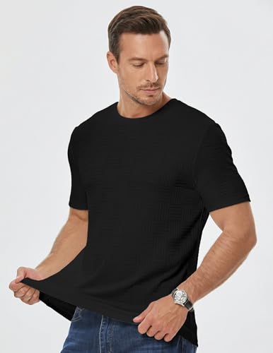 Image of JMIERR Mens T-Shirt Casual Stretch Solid Crewneck Short Sleeve Tees Textured Shirts