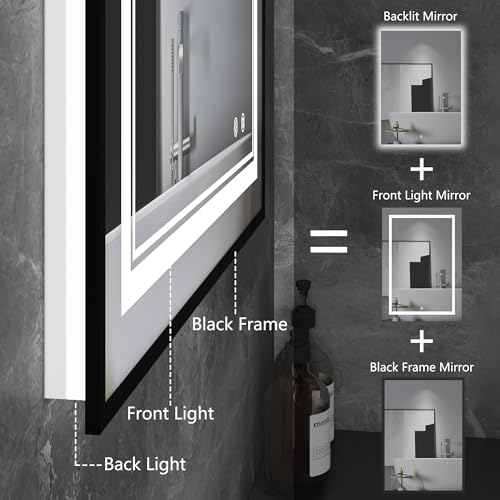 Image of LED Bathroom Mirror with Front and Backlit 24 inchx36 inch, Black Frame, Wall Mounted, Dual LED Strips, Fogless, Dimmable, 3 Color Changing, Shatterproof, Horizontal /Vertical