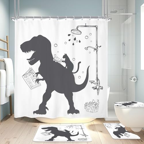 Image of 4PCS Dinosaur 71Wx71H Inches Funny Cute Kids Boys Animal Shower Curtain Sets with Rugs, Toilet Lid Cover and Bath Mat, Silhouette Shadow Bath Accessories Art Home Decor Fabric 12 Pack Hooks
