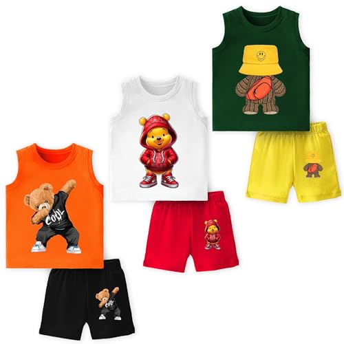 Image of TS LAVI TAVI Baby Cotton Clothing Set | Sleeveless T-Shirt & Shorts Combo | Summer Wear for Boys & Girls | Soft Breathable Fabric | Multicolor Pack of 3
