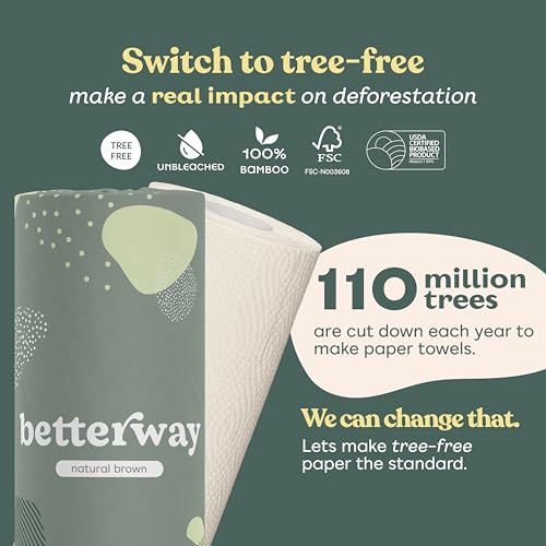 Betterway Bamboo Natural Brown Paper Towels - 8 Rolls, 2 Ply, 110 sheets - Plastic Free, PFAS Free, Disposable Kitchen Paper Towels - Select Size, Tree Free, Compostable, Strong & Absorbent