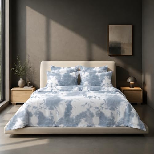 Image of VELOURA Tie-Dye Bedsheet Set, 100% Cotton, King Size 108x108 Inches, 300 Thread Count, with 2 Pillow Covers (Dark Blue)