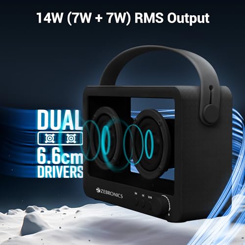 Image of ZEBRONICS Sound Feast 75, Portable Bluetooth Speaker, 14 Watts, 10 Hours Playback, Transparent Body, Dual 6.6 cm Drivers, Carry Strap, Bluetooth v5.3 | TWS | mSD | AUX (Black)