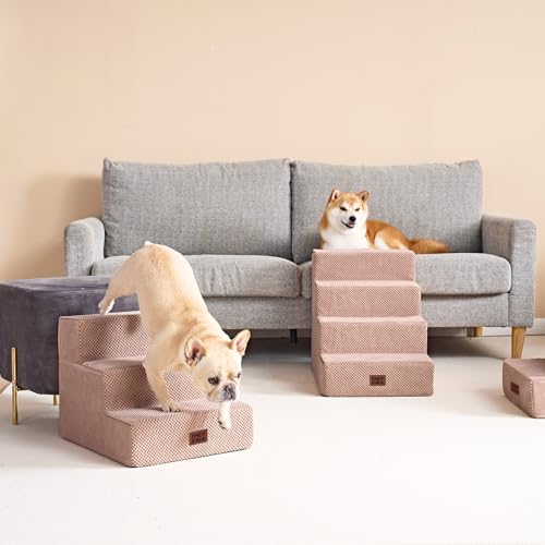 Image of EHEYCIGA Dog Stairs for Small Dogs 13.5 inch H, 3-Step Dog Steps for Couch Sofa and Chair, Pet Steps for Medium Cats, Non-Slip Balanced Pet Ramp Indoor, Pink