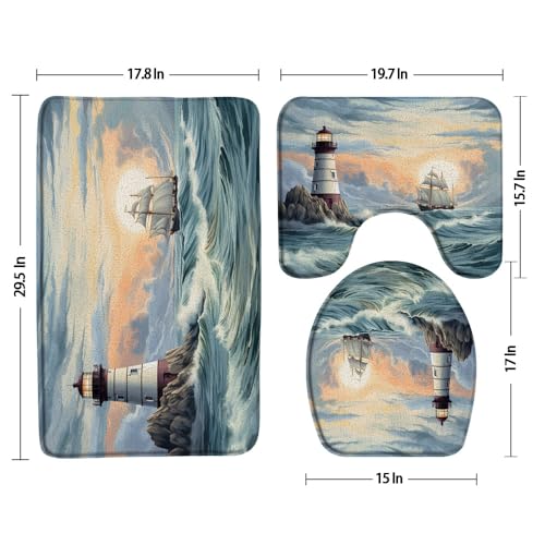 3pcs Coastal Lighthouse Bathroom Sets with Non-Slip Rug,Toilet Lid Cover and Bath Mat,Sunrise Blue Ocean Nautical Sailboat Vintage Oil Painting Beach Reef Wave Bathroom Carpet Bath Mat Toilet Rugs