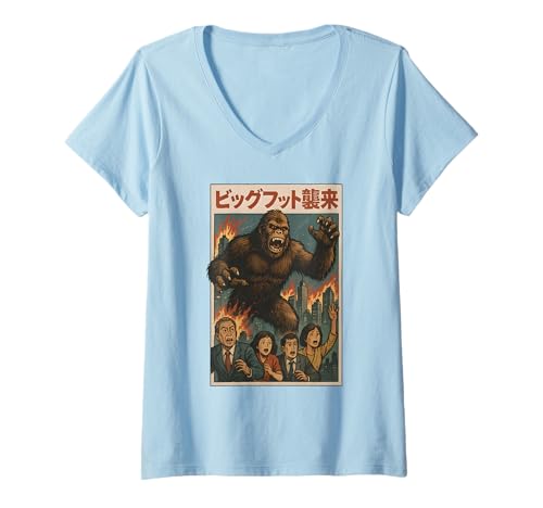 Womens Retro Japanese Bigfoot Attack Graphic Urban Monster Vintage V-Neck T-Shirt