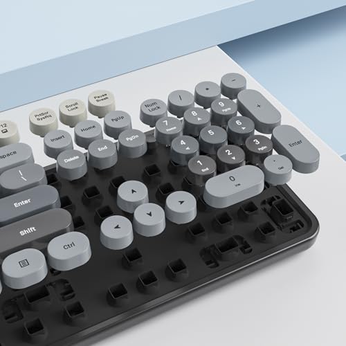 Image of Owpkeenthy Retro Keyboard and Mouse Wireless, Cute Black Keyboard with Retro Typewriter Style Full-Sized with Number Pad Round Keys for Desktop, Laptop and Computerr (Gradient Dark)