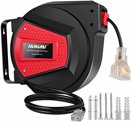 50 Ft Retractable Extension Cord Reel, 14/3 Gauge SJTW Power Cord Reel, Ceiling/Wall Mount Electric Cord Reel w/ 3 Lighted Triple Tap Outlets, 180° Swivel Bracket, Overload Protection, ETL UL Listed