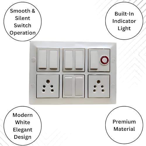 Image of Modular Electrical Switchboard, 6 Switch with 2 Five Pin Socket and Indicator, Premium White Wall Switch Board, Pre-Wired Ready-to-Install, 100% Copper Internal Wiring, Strong Brass Terminals