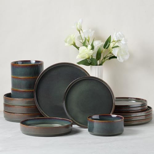 Image of E-far 16 Piece Dinnerware Sets, Plates and Bowls with Pasta Bowls Service for 4, Modern Stoneware Ribbed Dishes for Kitchen Dining, Microwave & Dishwasher Safe, Blackish Green