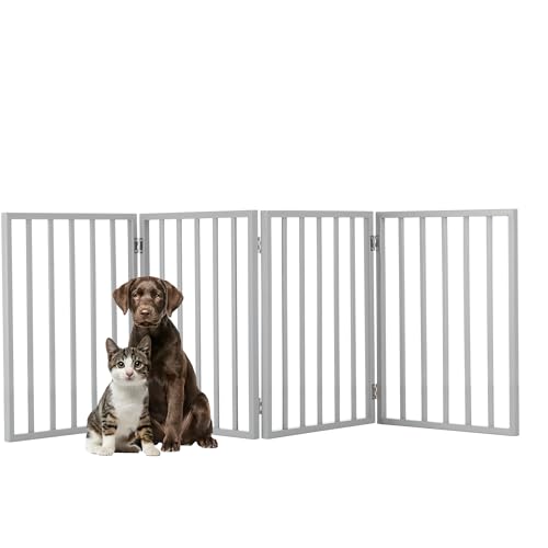 Image of Pet Gate - 4-Panel Indoor Foldable Dog Fence for Stairs, Hallways, or Doorways - 72x24-Inch Retractable Wood Freestanding Dog Gates by PETMAKER (Gray)
