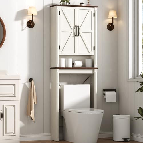 jiteentarou Farmhouse Bathroom Storage Cabinet Over The Toilet Storage Cabinet with Roman Column Decor Tall Over The Toilet Shelf with Barn Doors Over Toilet Bathroom Organizer(Rustic White)