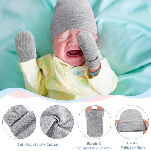 Hercicy 4 Pack Preemie Hat and Mitten Socks Set Cotton Preemie Beanie No Scratch Baby Mitten Nicu Hospital Hat for Boy Girl4
