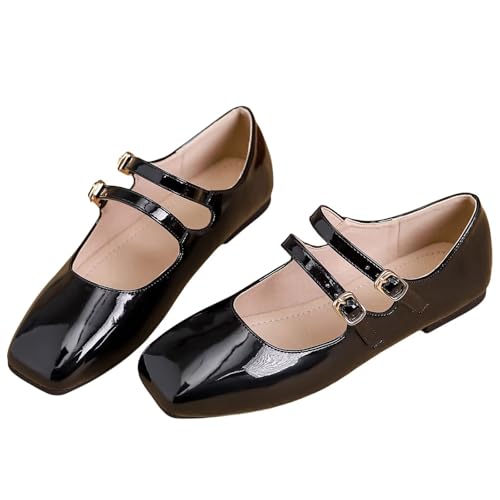 WENJIAZHIZHI Women's Square Toe Ballet Flats Classy Double Buckle Double Buckle Patent Leather Mary Janes Dual Straps Dressy Shoes