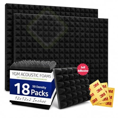 Image of YGM Acoustic Foams Pyramid Acoustic Panels 12″x12″x2″ Thick | Echo & Sound Absorption | Acoustical Sound Proof Foam for Room & Studio | Charcoal Black (50 Density, Set of 18 (Self-Adhesive))
